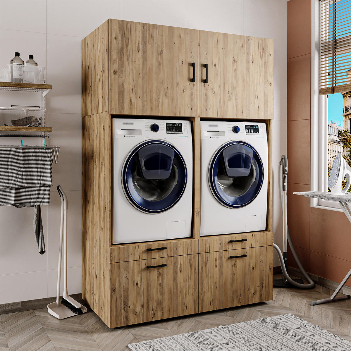 WASCHMASCHINENSCHRANK Serie 2 134cm Breit, 205cm Hoch - Eichefarben, Holzwerkstoff (134/205/67cm)
