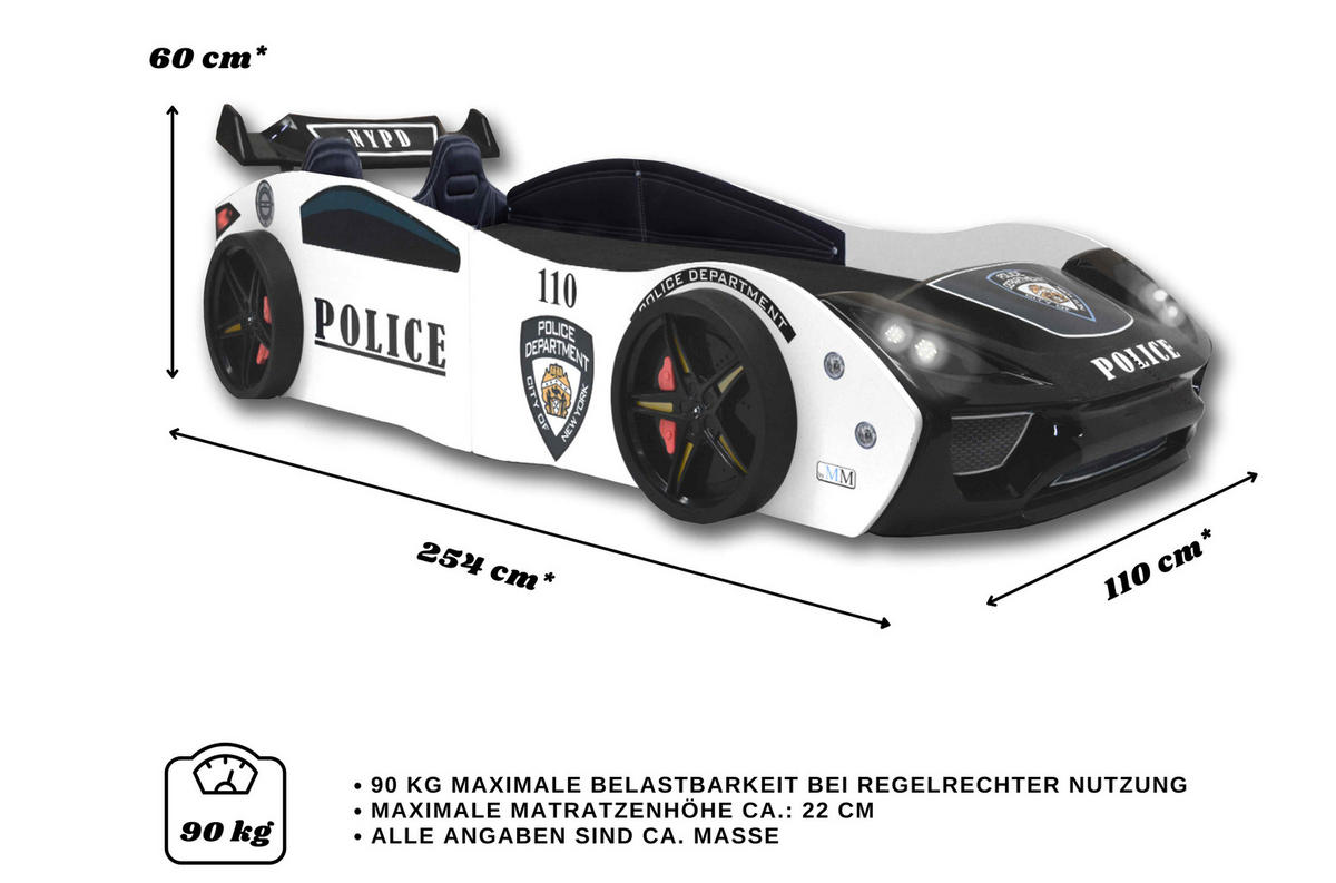 KINDERZIMMER Police Komplett Set mit Autobett 5-tlg. Schwarz Weiß - Schwarz/Weiß, Holzwerkstoff/Kunststoff (128/200/64cm) - Aileenstore