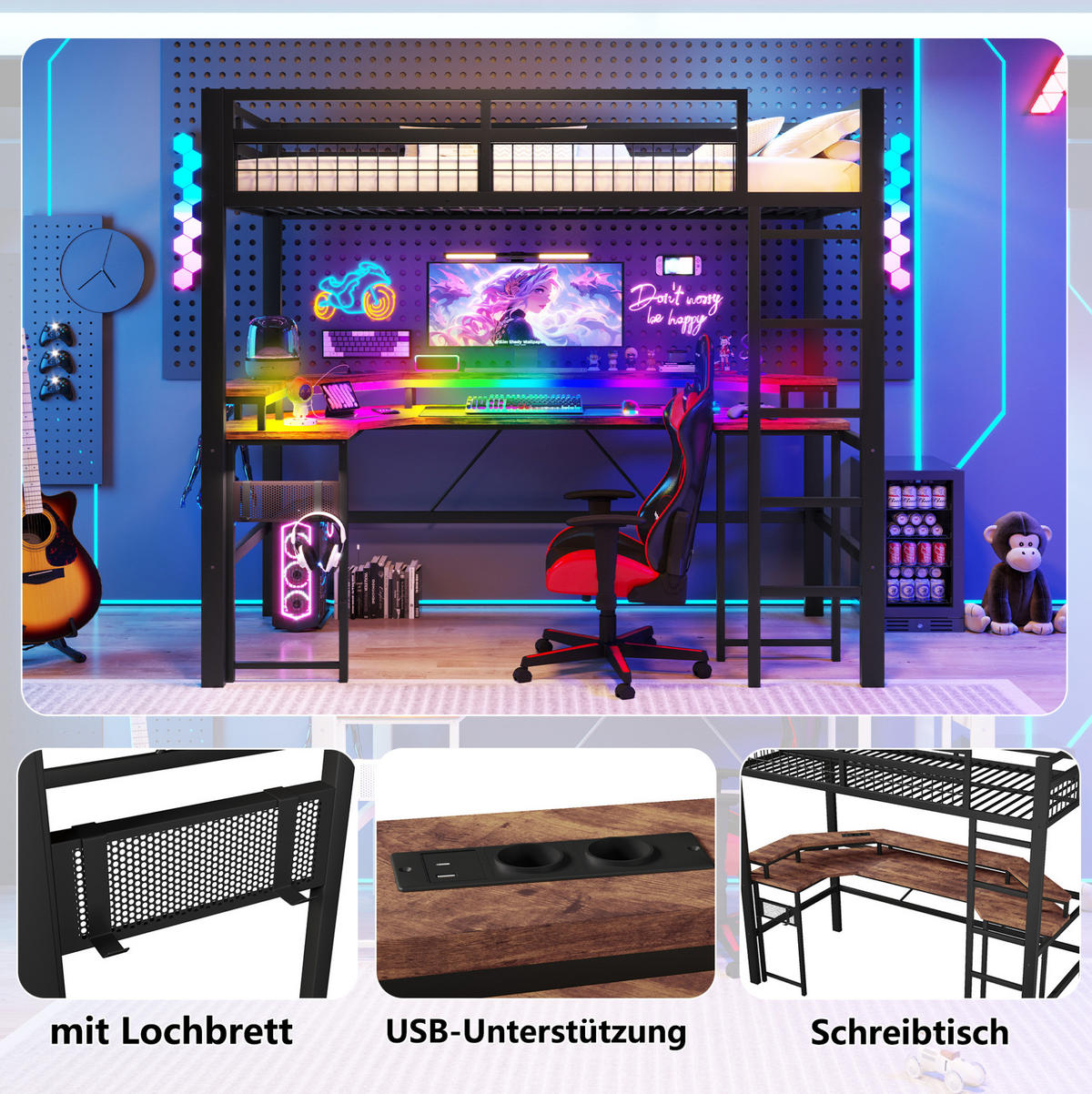 HOCHBETT mit Schreibtisch 90/200 cm in Schwarz – mit LED-Lichtleiste und Ladeanschlüssen - Schwarz, Metall (90/200cm) - BEAOK