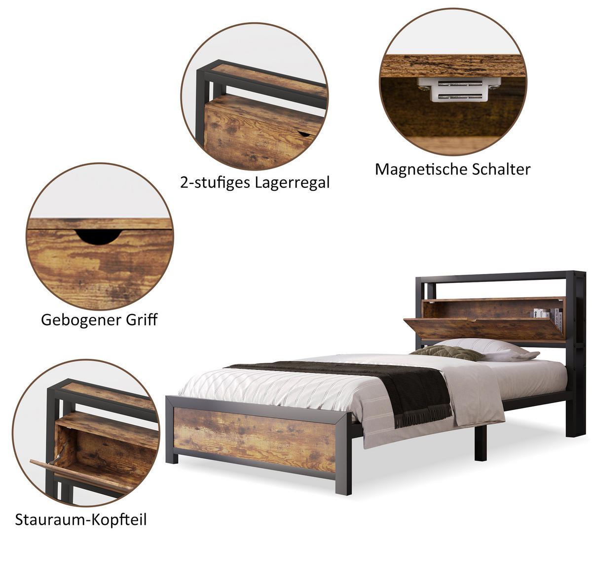 METALLBETT aus Metall und Holz 90x200 cm in Natur mit Stauraum-Kopfteil - Naturfarben, Metall (90/200cm) - Modfu