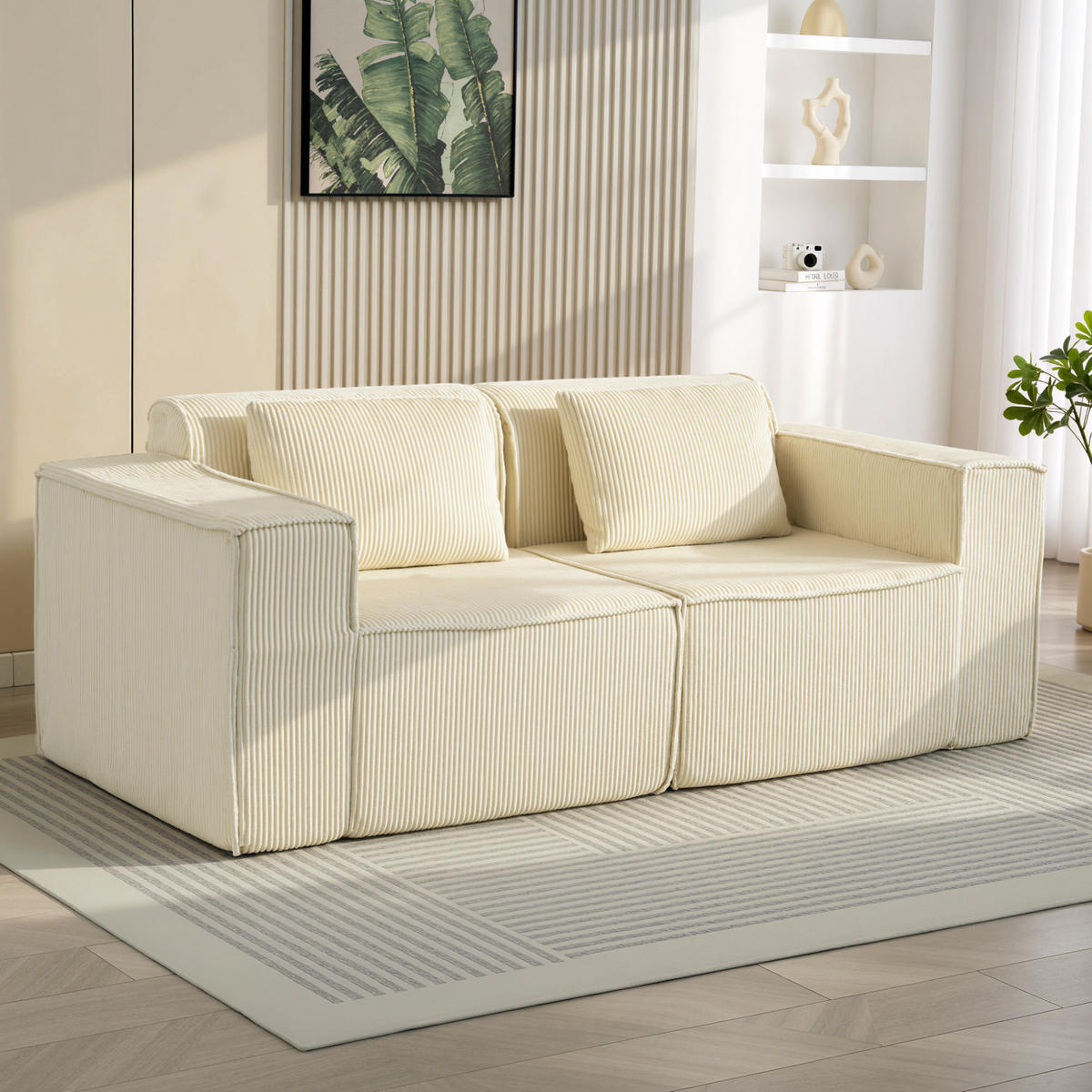 3-SITZER SOFA 202 cm Cloud-Couch ohne Gestell mit 2 Lendenkissen Beige - Beige, Textil (90/76/202cm) - HOMCOM
