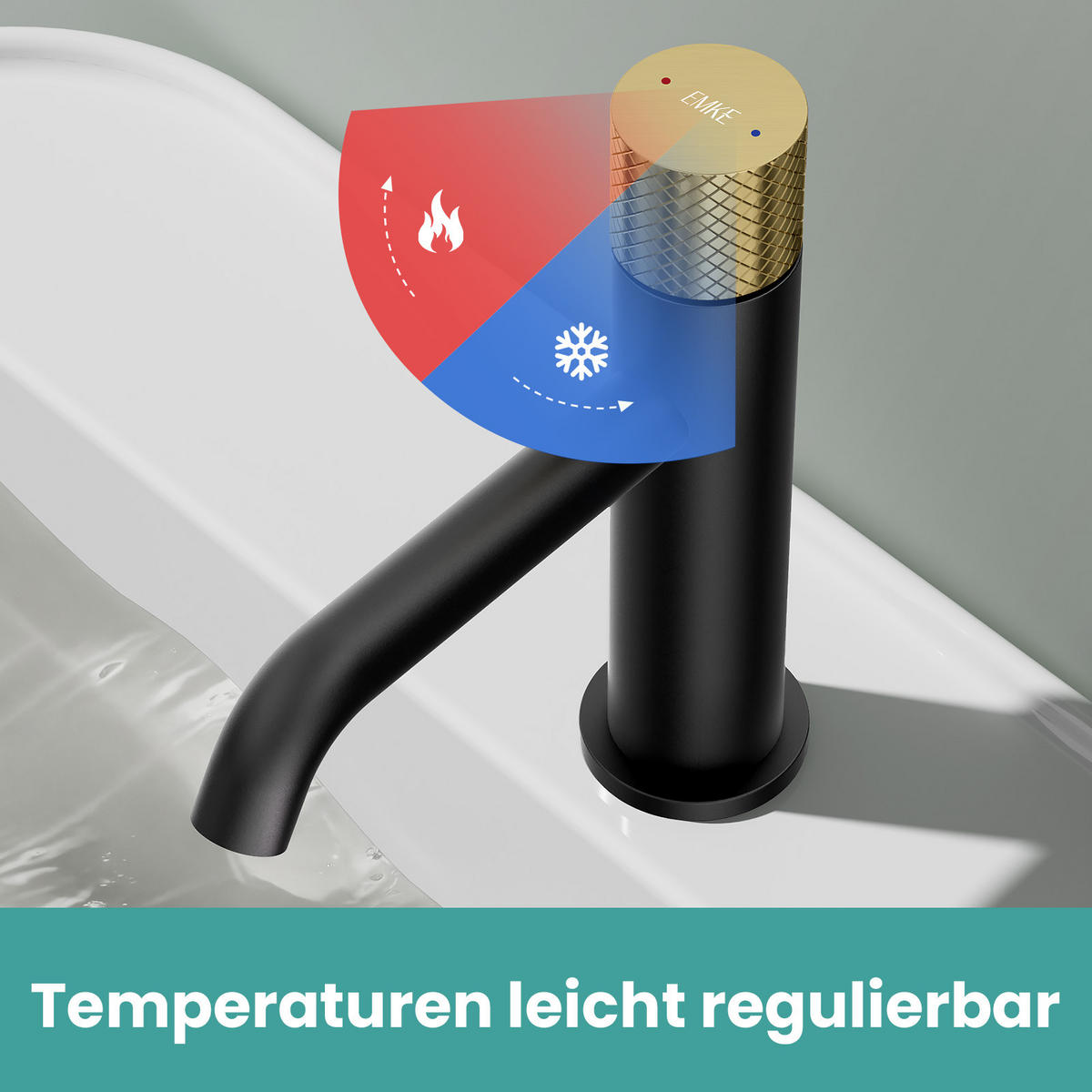 WASCHTISCHARMATUR DVGW-zertifiziertes Zulaufrohr Gerändelter Messinggriff - Schwarz, Metall (16.6/5/18.1cm) - EMKE