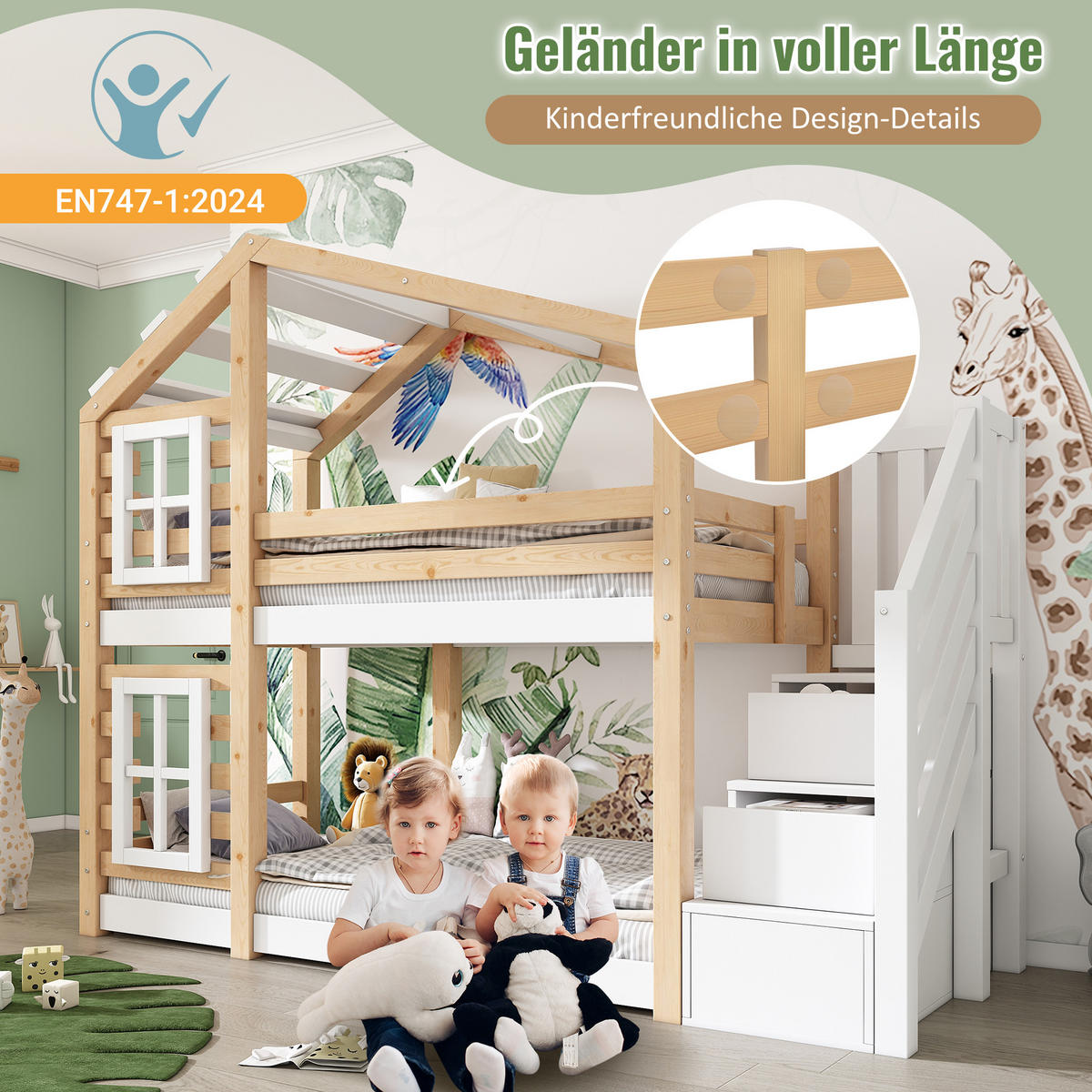 ETAGENBETT 90/200 cm & 90/200 cm in Natur & Weiß Kinderbett mit Schubladen und Rausfallschutz im Baumhausdesign - Schwarz, Holz (90/200cm) - STILVORA