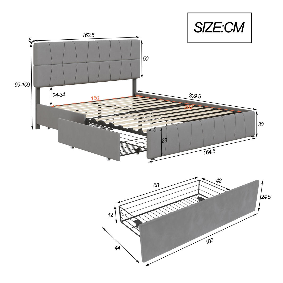 BETT 160/200 cm, mit 4 Schubladen, Samtstoff, modernes Design, Erwachsenenbett, Grau - Grau, Textil (160/200cm) - Waldena