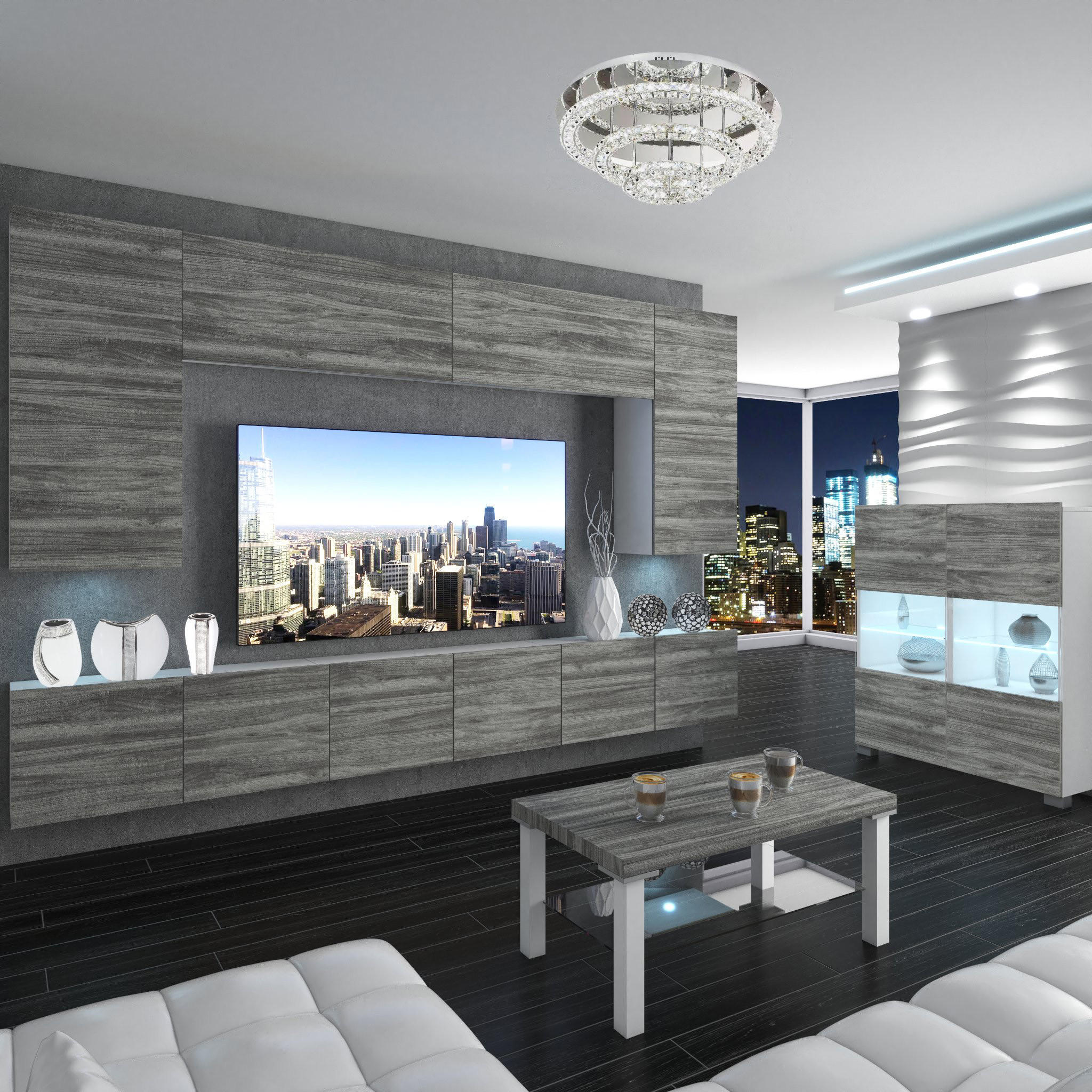 WOHNZIMMERWAND Schrankwand mit LED Glamour Holz - Grau, Holz (300/180/36cm) - B BELINI GROUP