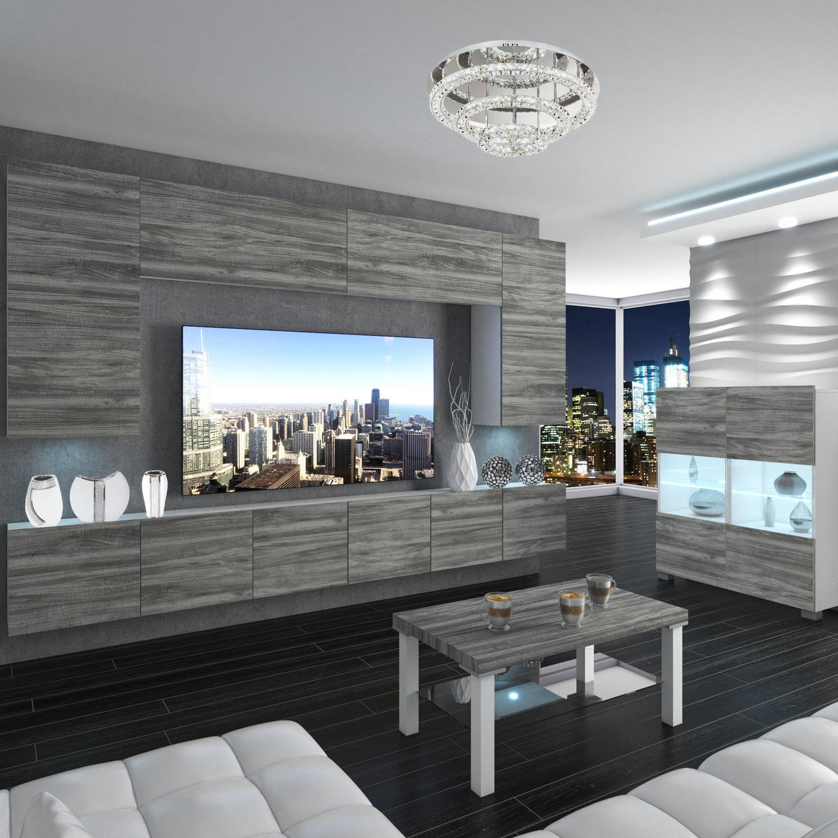 WOHNZIMMERWAND Schrankwand mit LED Glamour Holz - Grau, Holz (300/180/36cm) - B BELINI GROUP