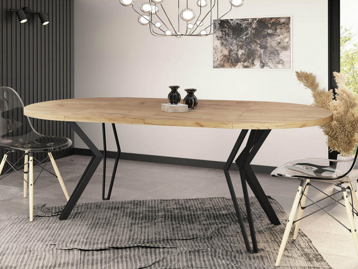 ESSTISCH Revena runder ausziehbarer, Craft Eiche 100-180/100/76 cm - Eiche Wotan/Schwarz, Holzwerkstoff/Metall (100/100/76cm) - WFL GROUP