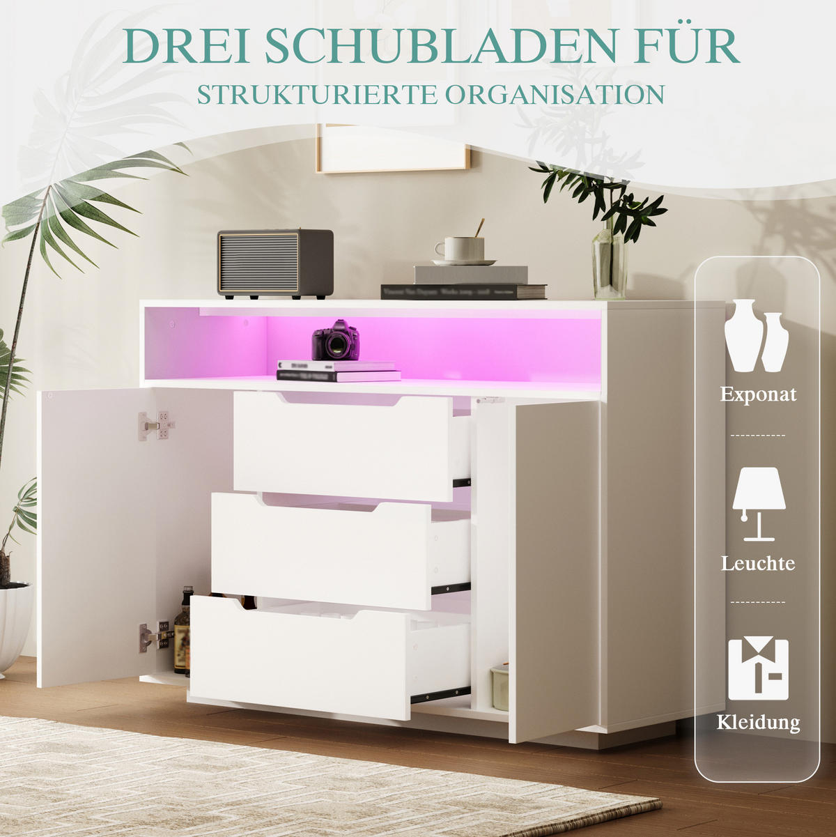SIDEBOARD 120/40/85 cm weiß aus Holzwerkstoff mit offenem Regal, 3 Schubladen und LED - Weiß, Holzwerkstoff (120/85/40cm) - OKWISH