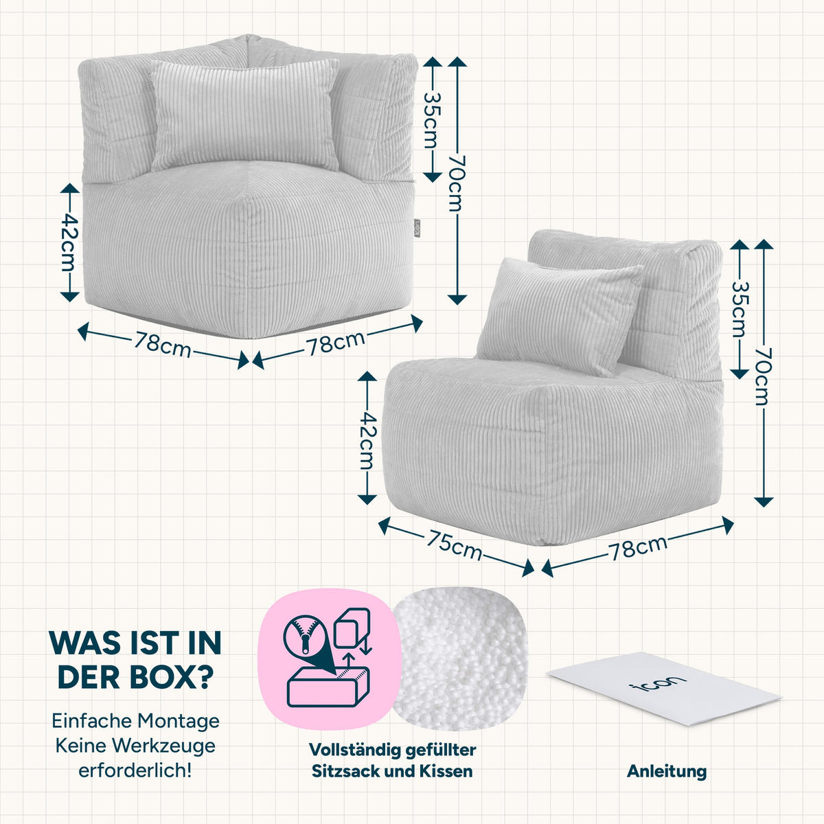 SITZSACK-SOFA 2-tlg. modular cord Noa - Beige, Textil (143/70/78cm) - icon