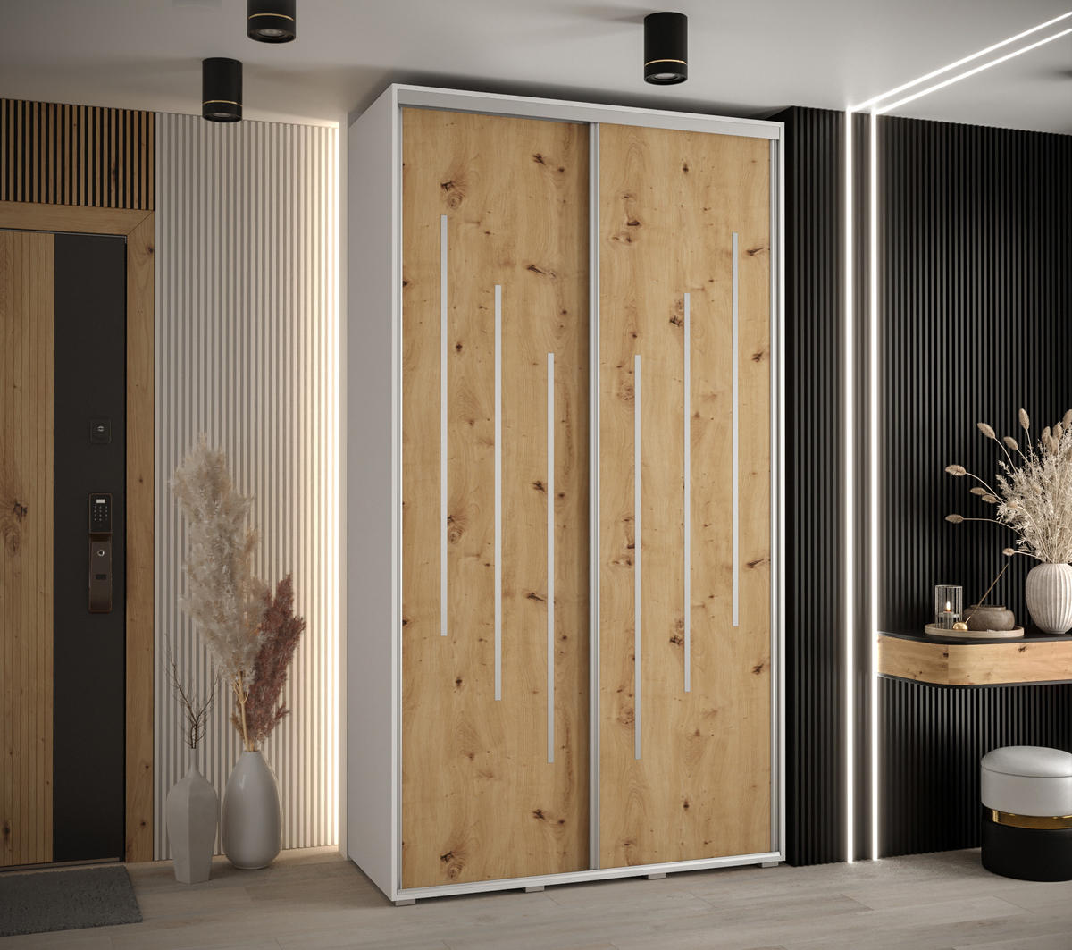 SCHWEBETÜRENSCHRANK 235,2/130/45 2-türig - Silberfarben/Eiche Artisan, Holz/Metall (130/235/45cm) - Abiks Möbel