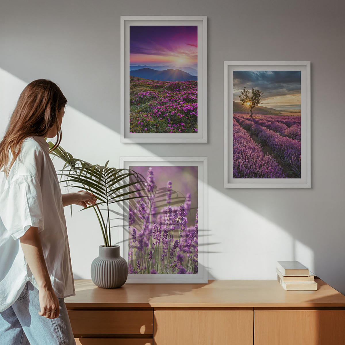 BILDER SET 3er Set - 40x60 cm Weißer Rahmen - Sonnenuntergang auf Lavendelfeldern - Weiß, Kunststoff (40/60cm) - TULUP