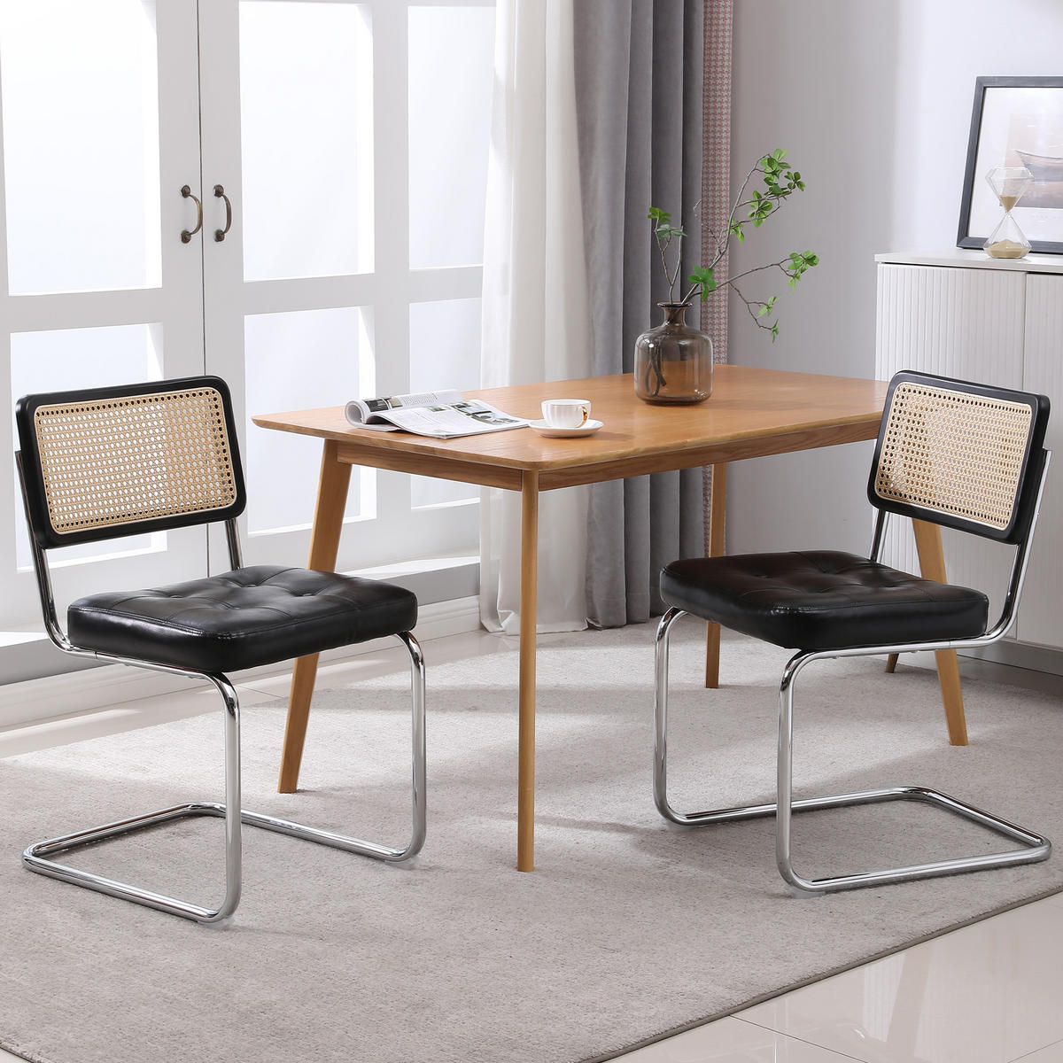 ESSZIMMERSTUHL 2er-Set mit Rattanlehne und PU-Polster, Schwarz - Schwarz, Kunststoff (50/85/61cm)