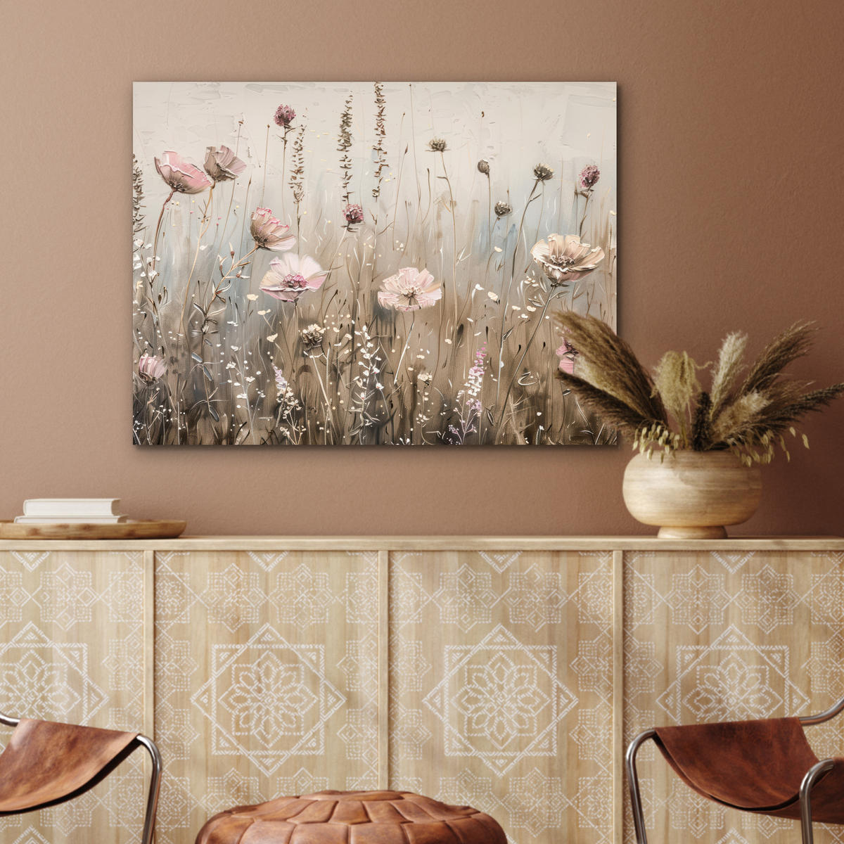 KOVOVÝ OBRAZ Kvety - Ružová - Moderné - Béžová 80x60 cm - béžová, kov (80/60cm) - MuchoWow