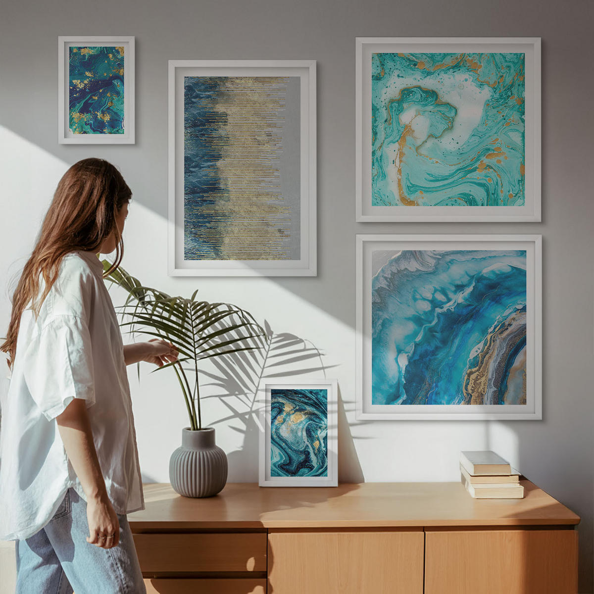 WANDBILDER 5er-Set - 50x50 cm & 20x30 cm & 40x60 cm Weißer Rahmen - Wilde Landschaften, Berge, Hirsche - Weiß, Kunststoff (40/60cm) - ArtPrintCave