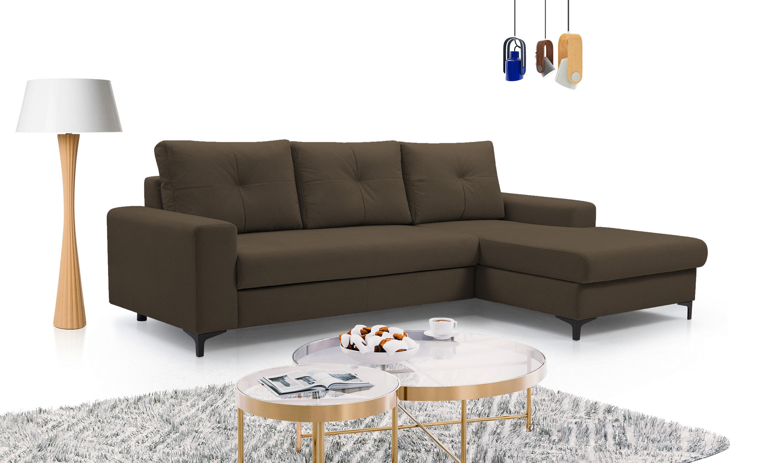 ECKSOFA AVRA L-förmig, mit Stauraumbehälter-in RINO-Stoff, Komfort & Eleganz, lose Rückenkissen, freistehend, RECHTS 251x165x85 cm Brown - Braun, Holz/Textil (251/165cm) - DomoHome