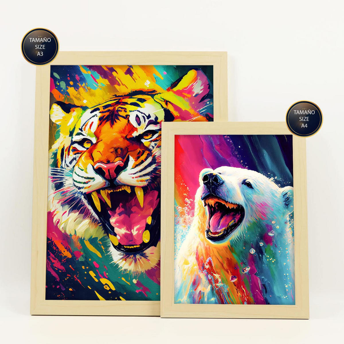 POSTER Set Mit 6 Wilde Tiere Im Hochformat Lebhafte Aquarell Stil Illustrationen Von Lächelnde Tiere Innenarchitektur A3 & A4 Rahmen Aus Hellem Holz - Beige, Papier (29/3cm) - Nacnic