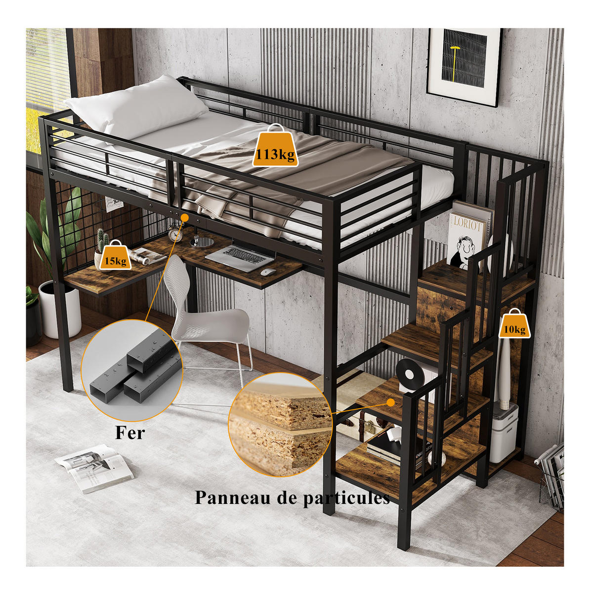 HOCHBETT 90/200 cm mit Schreibtisch und Kleiderschrank in Schwarz/Dunkelholz - Schwarz, Holzwerkstoff (90/200cm) - BEAOK