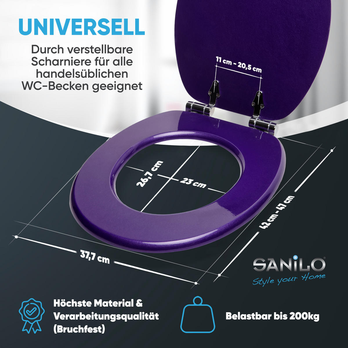 WC-SITZ mit Absenkautomatik Glitzer Lila - Violett, Holzwerkstoff (38/6/47cm) - Sanilo