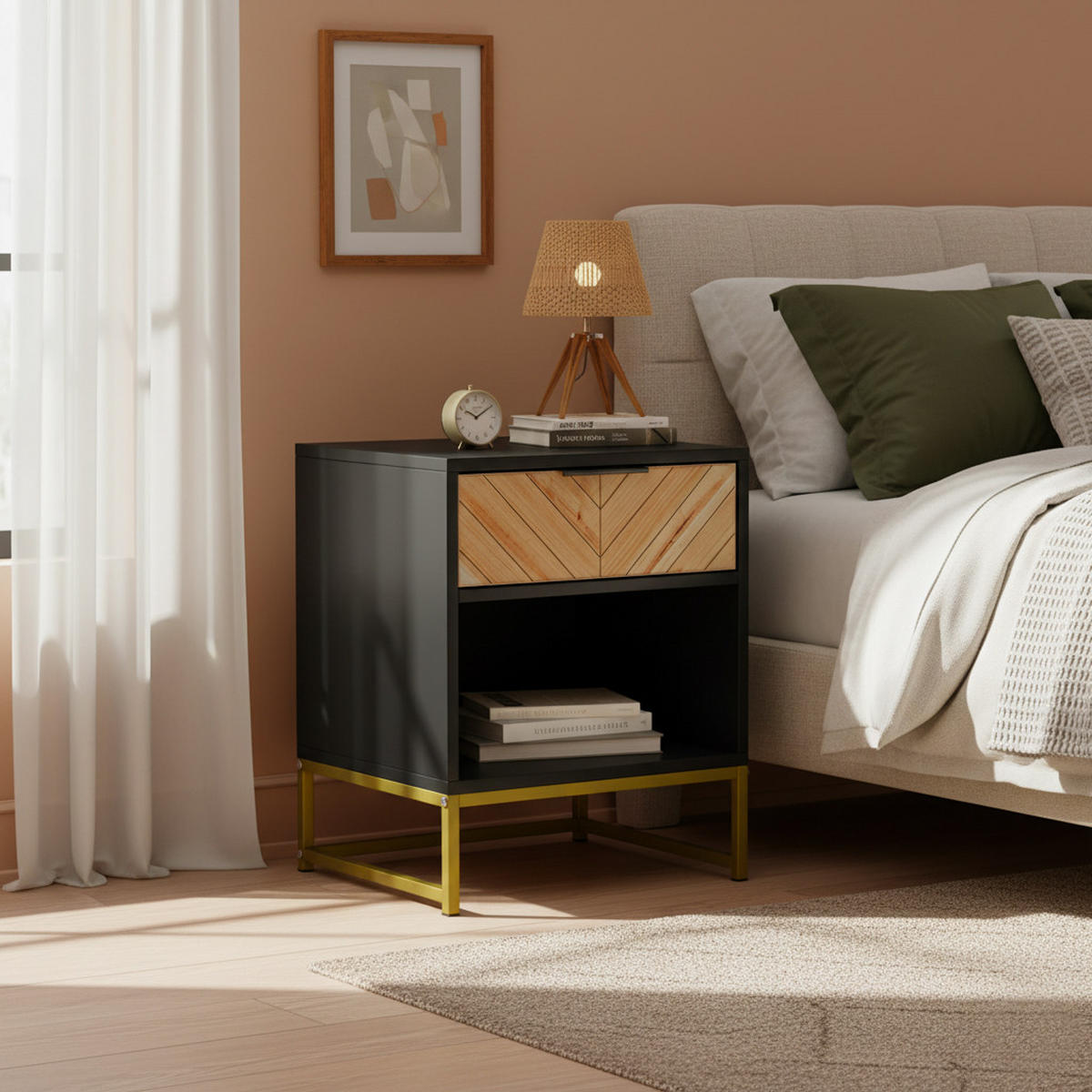 NACHTTISCH 43 cm Schwarz & Natur – Nachtkonsole mit Schublade & Metallbeinen Industrial - Naturfarben, Holzwerkstoff (43/55/40cm) - Urban Meuble