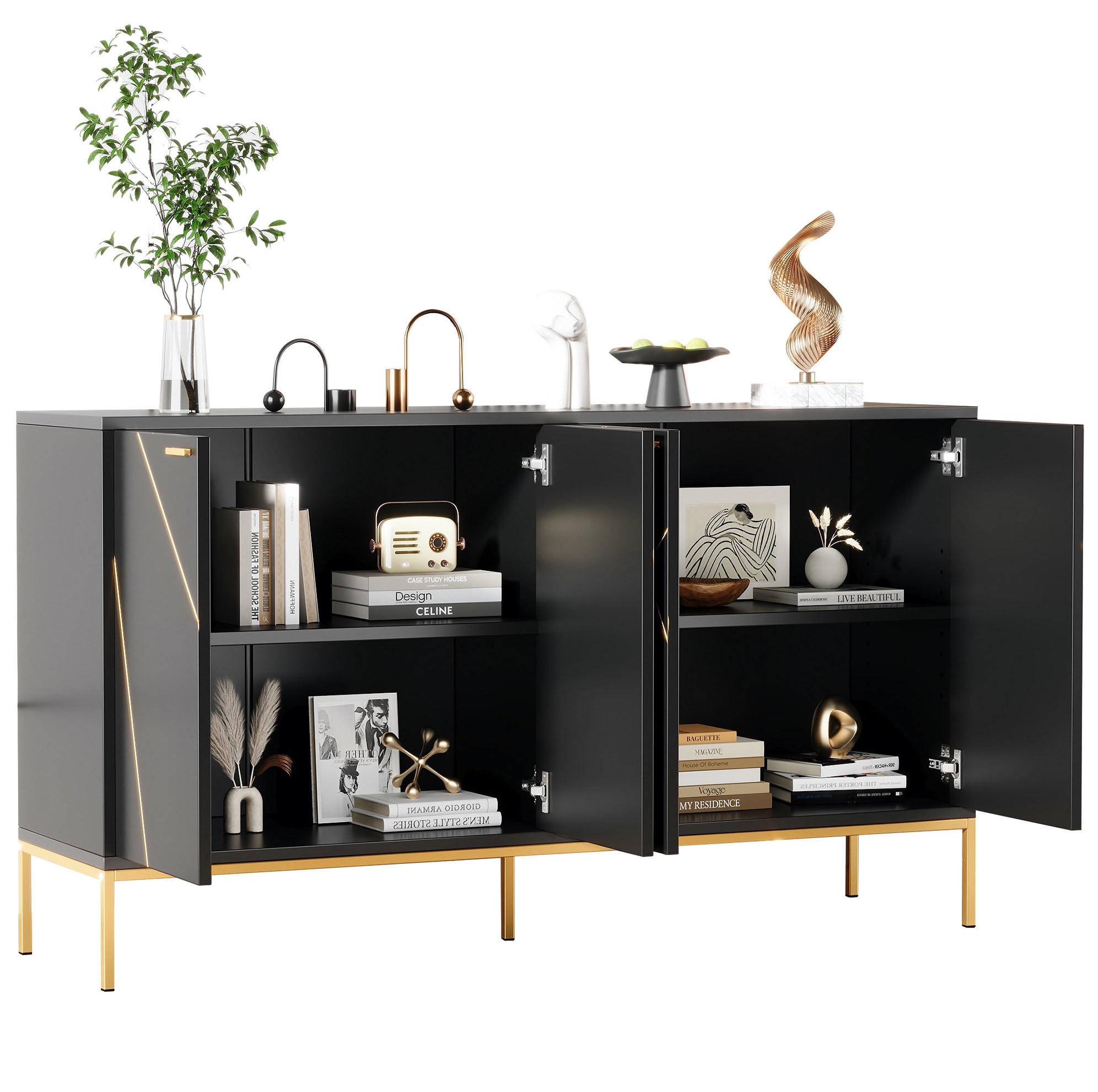 SIDEBOARD 150/80/40 cm Schwarz aus Spanplatte und MDF mit verstellbarem Einlegeboden - Schwarz, Holzwerkstoff (40/80/150cm) - OKMYHOME