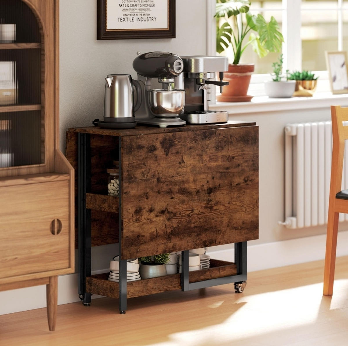 KLAPPTISCH 133,4/80/75 cm mit Ablagen und Rollen – platzsparend für 2–4 Personen - Braun, Holz (133.4/80/75cm) - BEAOK