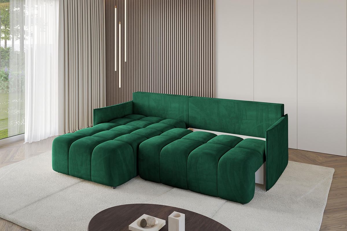 ECKSOFA mit Schlaffunktion und Bettkasten LONLI-L 242x175x88 Dunkelgrün Velours - Dunkelgrün, Holzwerkstoff/Kunststoff (242/175cm) - ALTDECOR