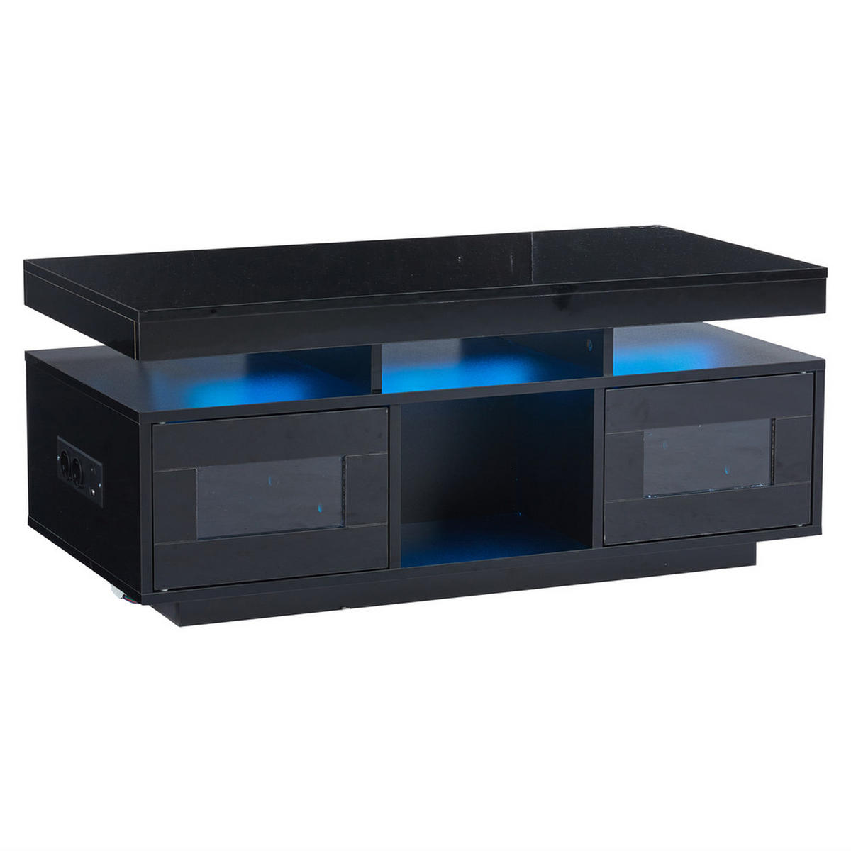 COUCHTISCH 100x50cm Schwarz Hochglanz LED App 2 USB Steckdose Schrank - Schwarz, Holz (109.86/59.06/15.24cm) - FLIEKS