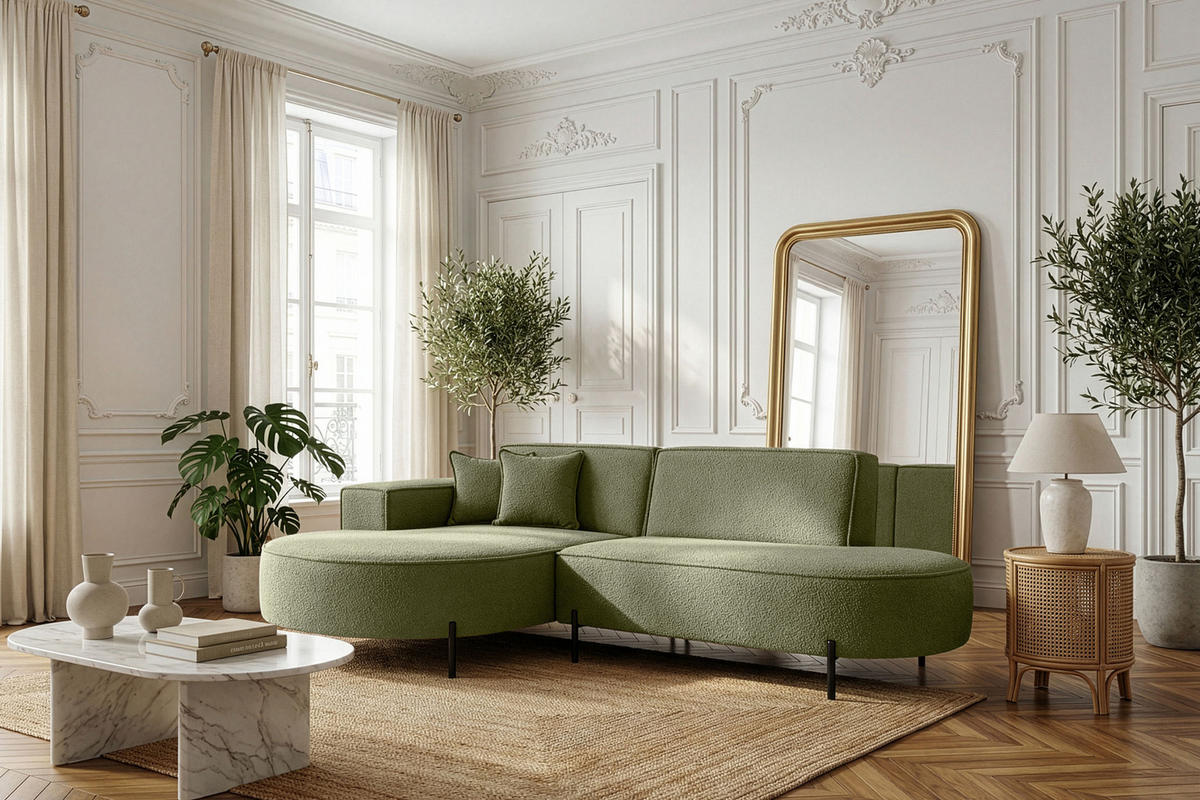 ECKSOFA Hana Loft 3-Sitzer Ecke Links, Boucle, Grün 241/80/168 cm - Schwarz/Grün, Textil/Metall (241/168cm) - WFL GROUP