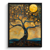 GERAHMTES BILD Baum - Mond - Blumen - Gold - Kunst 60x80 cm - Orange, Papier (60/80cm) - MuchoWow