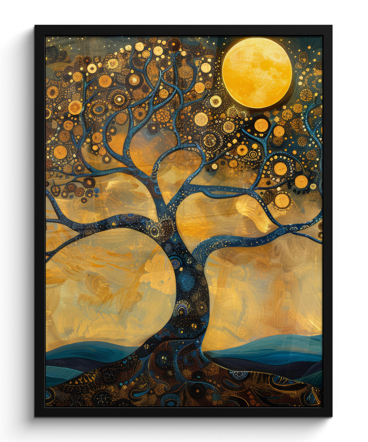 GERAHMTES BILD Baum - Mond - Blumen - Gold - Kunst 60x80 cm - Orange, Papier (60/80cm) - MuchoWow