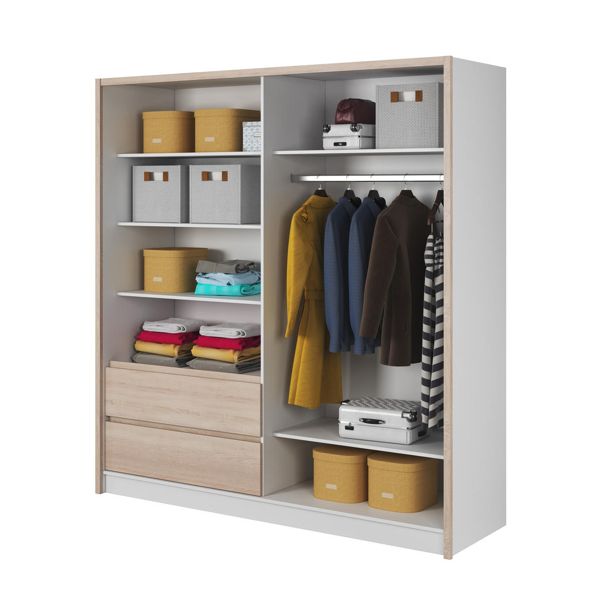 SCHWEBETÜRENSCHRANK SABRINA 204/214/62 cm 3-türig mit Spiegel Weiß - Weiß/Sonoma Eiche, Holzwerkstoff (204/214/62cm) - MASSENO