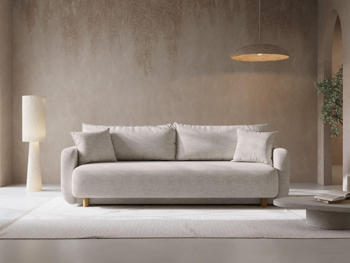 SOFA ausklappbar mit Bettkasten Elen aus strukturiertem Stoff beige 3 Sitzplätze - Beige, Textil (231/86/106cm) - Micadoni