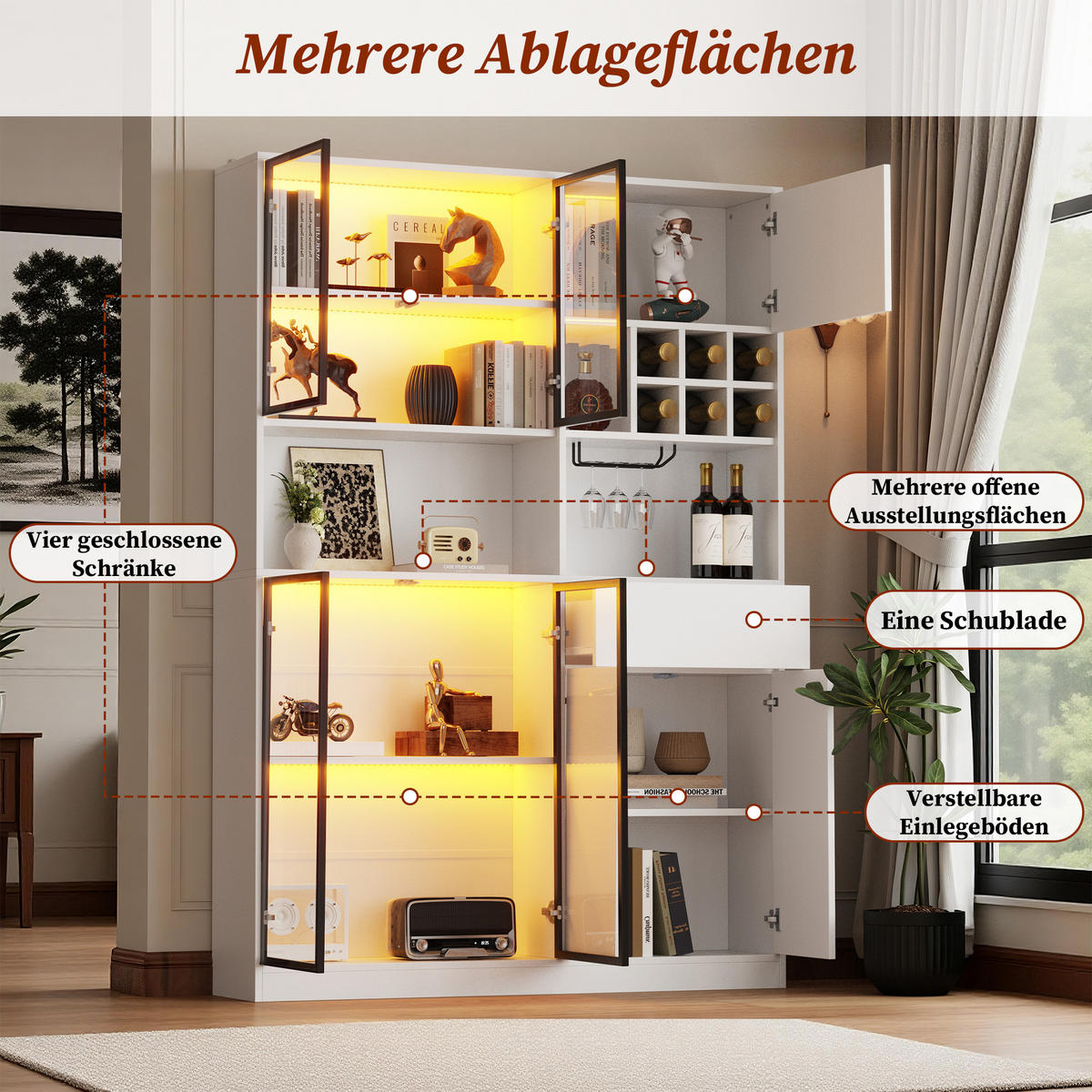 VITRINE 140x30x200 cm Weiß LED 7 Türen Weinregal - Weiß, Holzwerkstoff (140/200/30cm) - FLIEKS