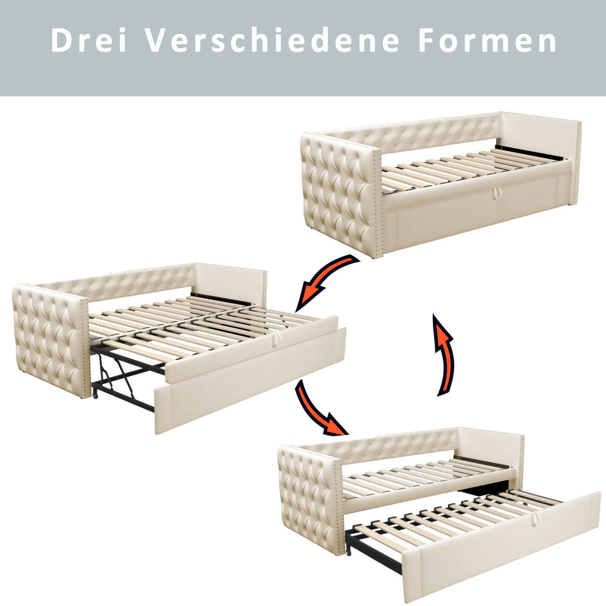 AUSZIEHBETT 90/200 cm DE-01636, in Beige, mit Lattenrost - Beige, Metall (90/200cm) - ComfortXL