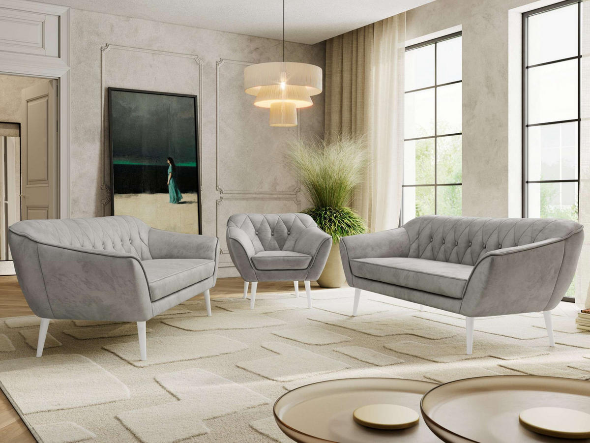 SEDACÍ SOUPRAVA 3+3+1 PIRS - Světle šedá Samet - Bílé nohy - bílá/světle šedá, kompozitní dřevo/textil (180/75/74cm) - MKS