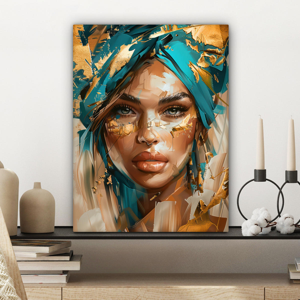 OBRAZ NA PLÁTNE Žena - Portrét - Zlato - Luxus - Modrá 30x40 cm - tyrkysová, textil (30/40cm) - MuchoWow