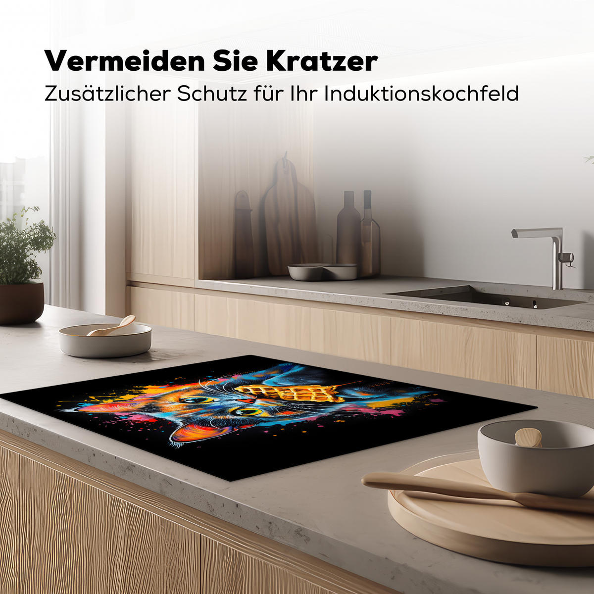 HERDABDECKPLATTE Katze - Graffiti - Bunt - Waffel - Essen Induktionsmatte 77x59 cm - Multicolor, Kunststoff (77/59/0.2cm) - MuchoWow