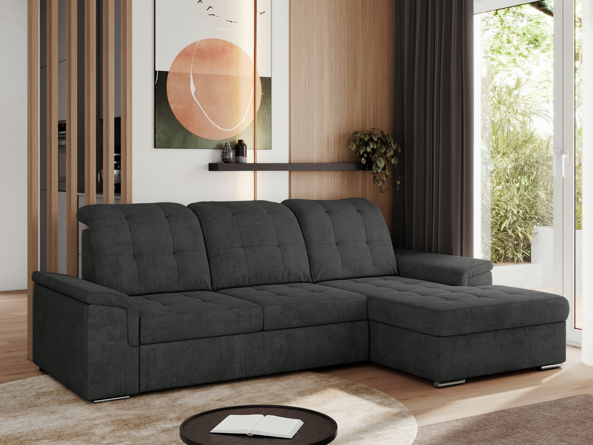 ECKSOFA MADRITO L - Dunkelgrau Struktur - Rechts - Dunkelgrau/Silberfarben, Textil/Metall (256/160cm)
