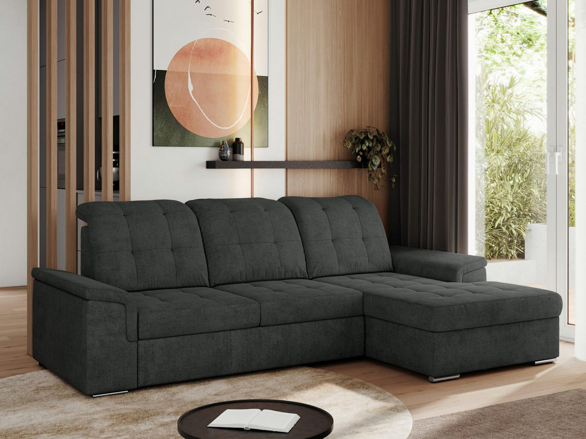 ECKSOFA MADRITO L - Dunkelgrau Struktur - Rechts - Dunkelgrau/Silberfarben, Textil/Metall (256/160cm)