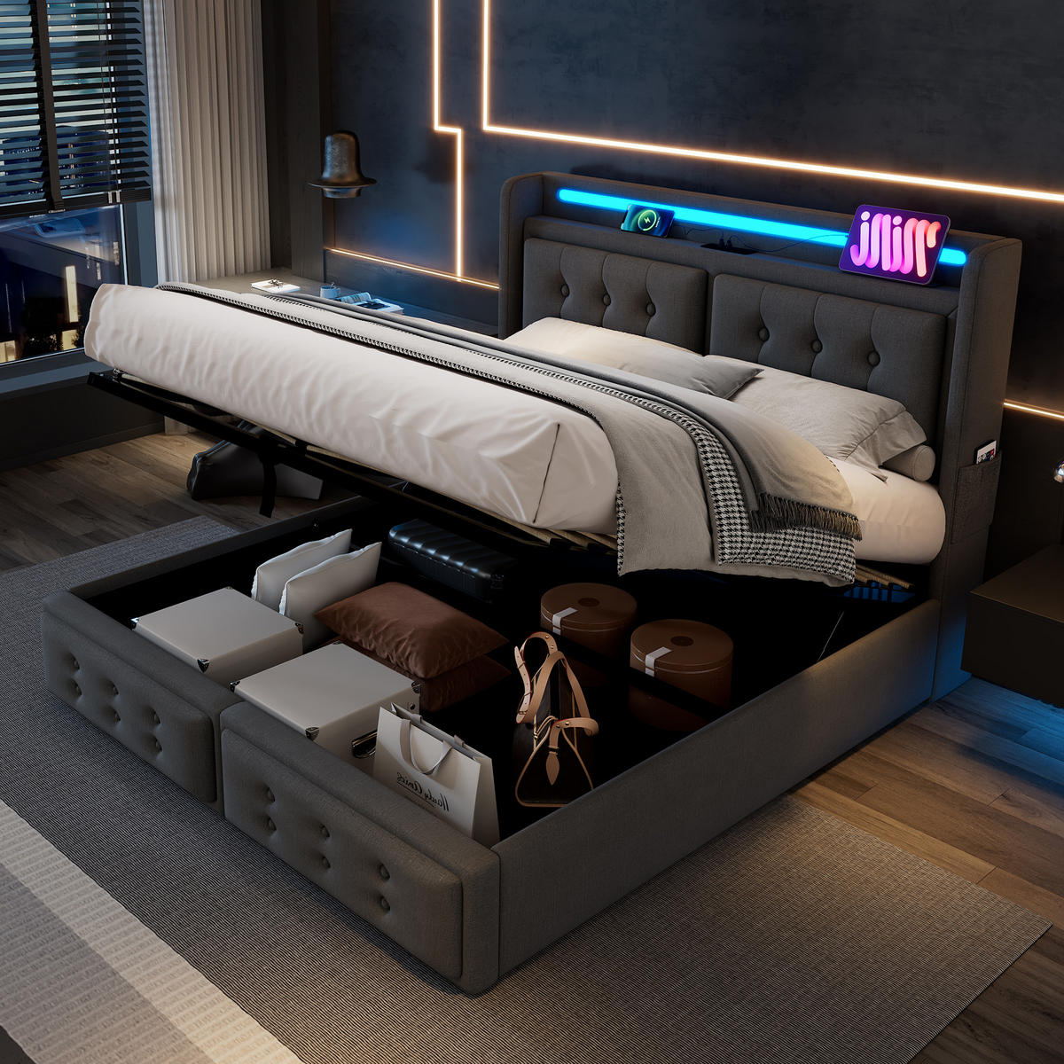 POLSTERBETT 140/200 cm Grau mit LED-Beleuchtung und USB-Anschlüssen aus Baumwolle - Grau, Textil (140/200cm) - OKWISH