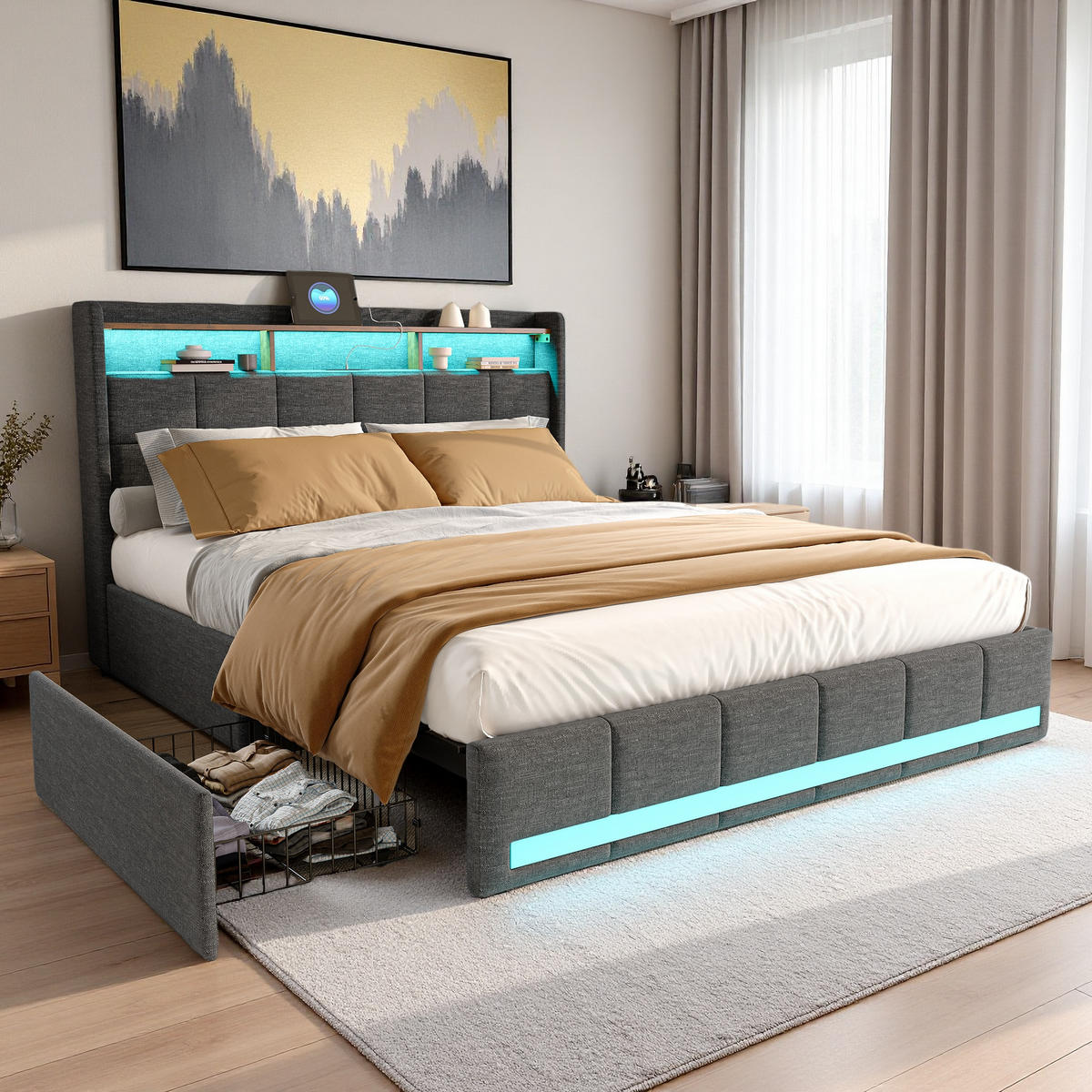 POLSTERBETT 140x190 cm Grau Leinen LED USB 4 Schubladen - Grau, Metall - SHOPENTRA