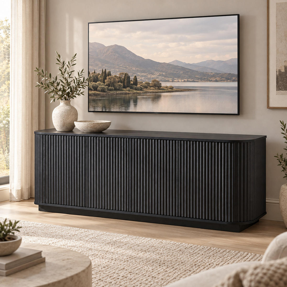 SIDEBOARD aus MDF 162x38x61 cm Schwarz mit 4 Türen und Wellenmuster - Schwarz, Metall (162/61/38cm) - IVMEU
