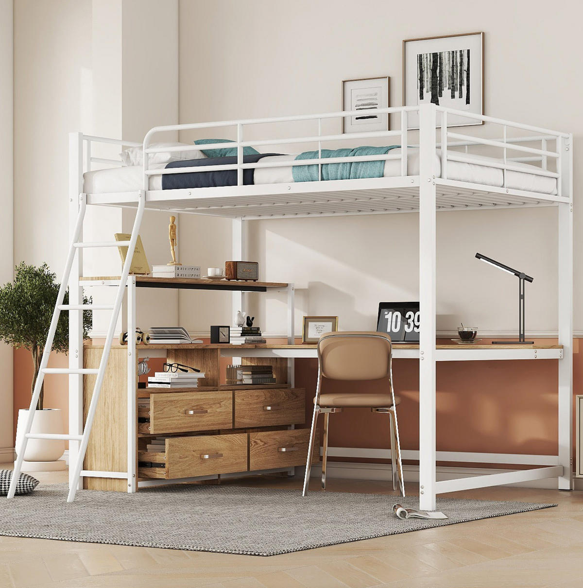 HOCHBETT 140/200 cm, Weiß mit L-förmigem Schreibtisch und 4 Schubladen - Weiß, Metall (140/200cm) - MIVRAY