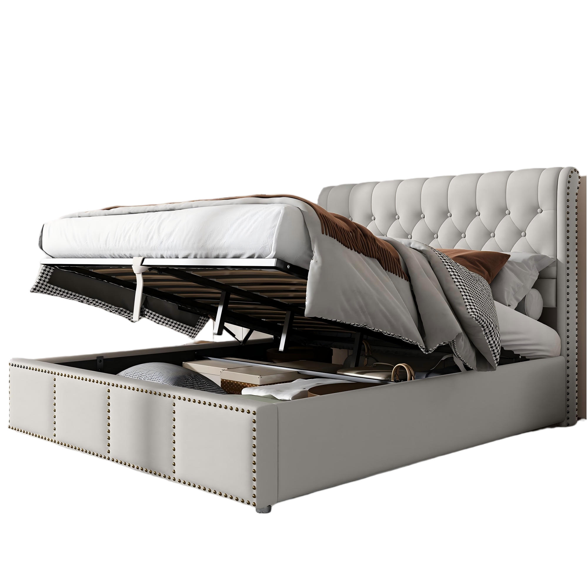 POLSTERBETT 140/200 cm Hellgrau mit Hydraulikhebel und Bettkasten - Grau, Textil (140/200cm) - OKWISH