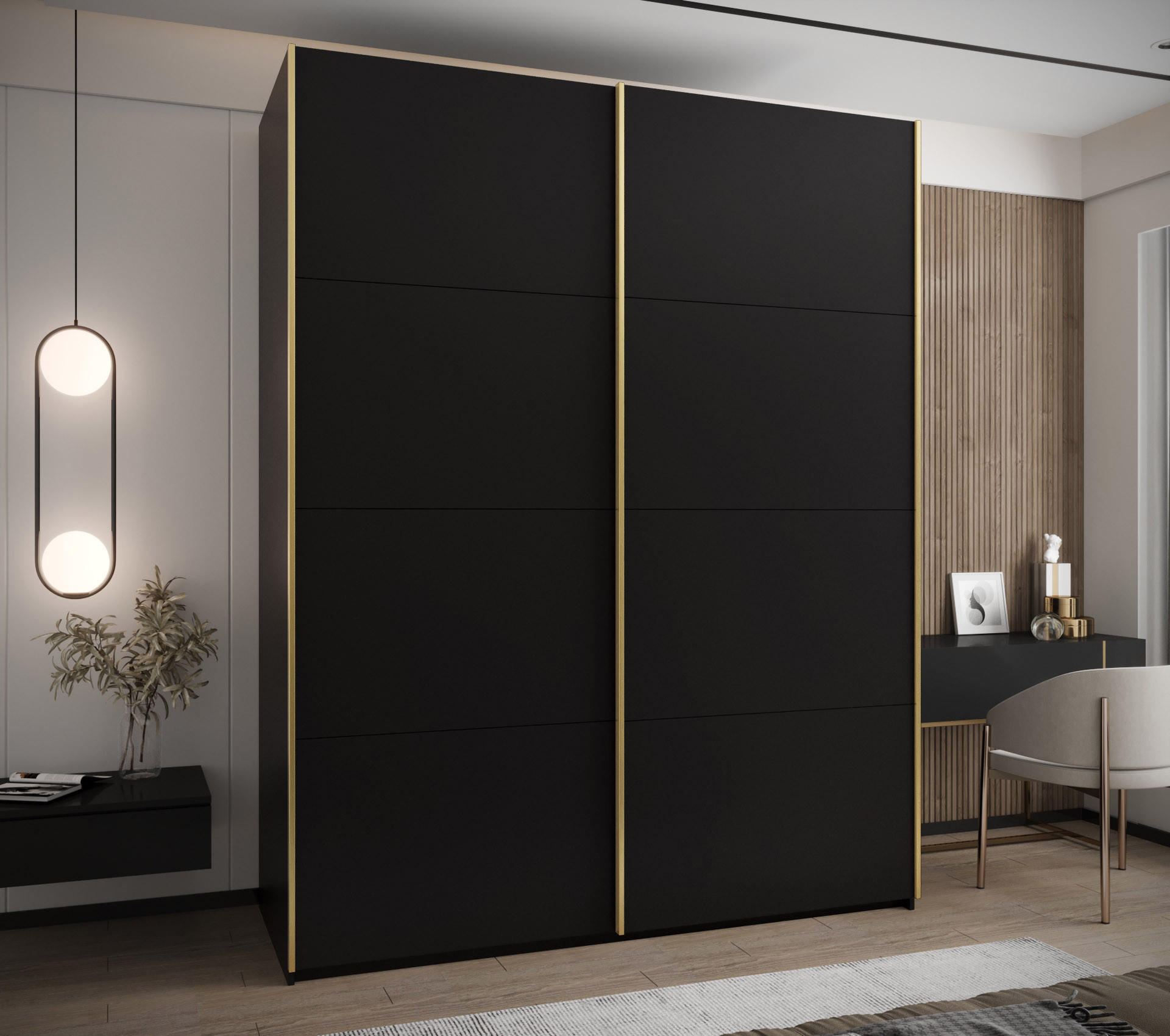 SCHWEBETÜRENSCHRANK 245,5/200/64 2-türig - Goldfarben/Schwarz, Holz/Metall (200/245/64cm) - Abiks Möbel