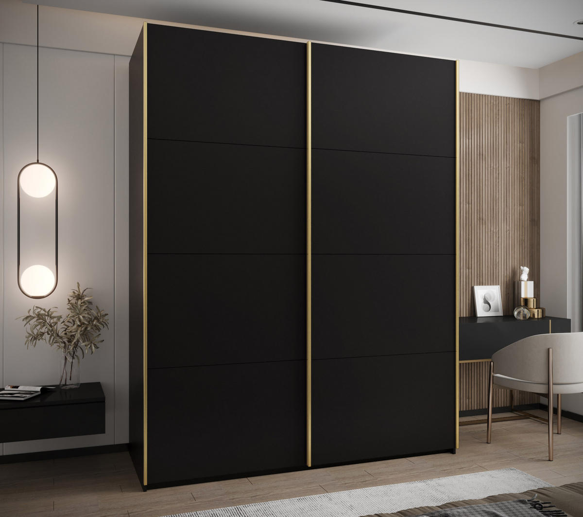SCHWEBETÜRENSCHRANK 245,5/190/64 2-türig - Goldfarben/Schwarz, Holz/Metall (190/245/64cm) - Abiks Möbel