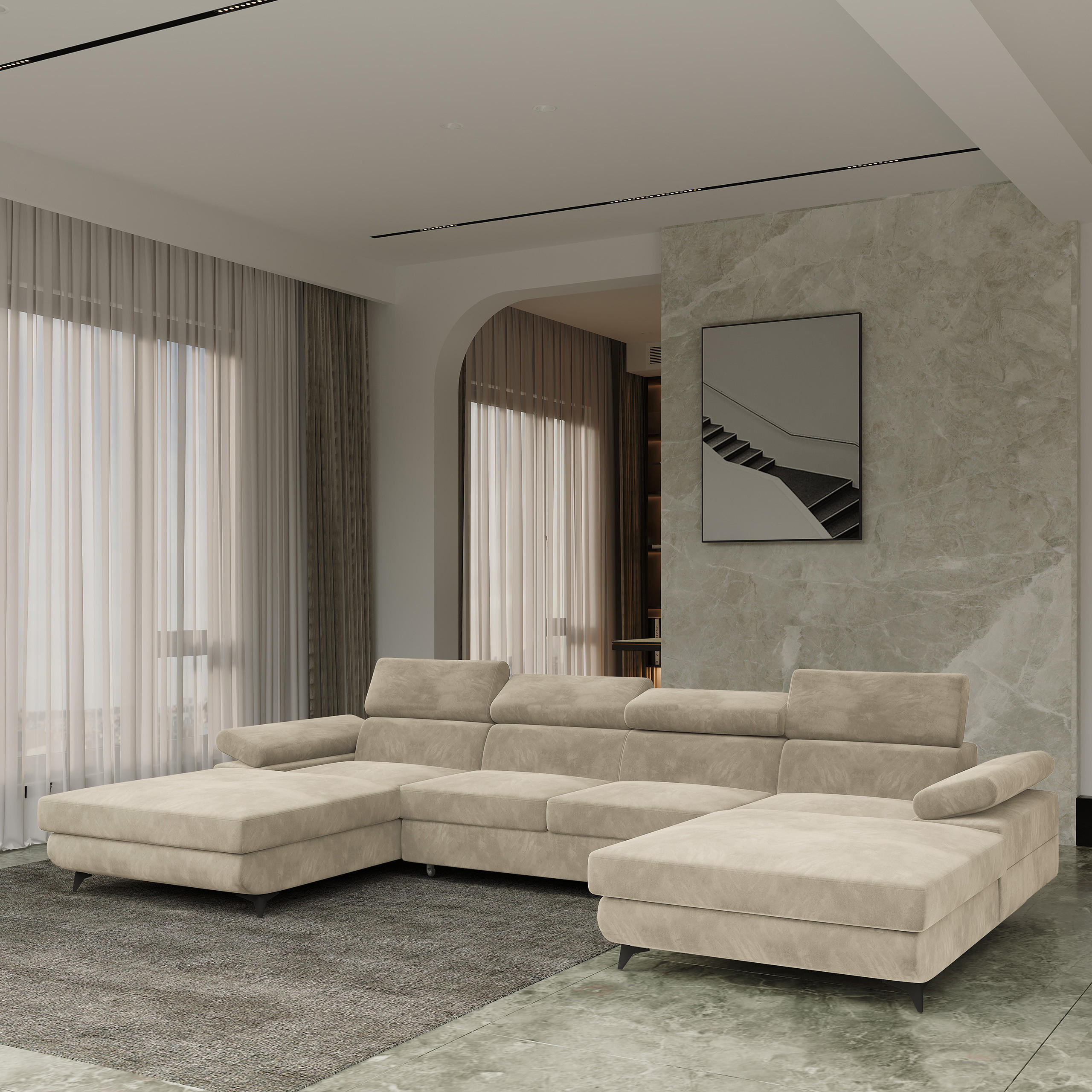 WOHNLANDSCHAFT DETTI Creme Velours-Stoff mit Schlaffunktion - Creme, Holz (339/89/190cm) - MASSENO