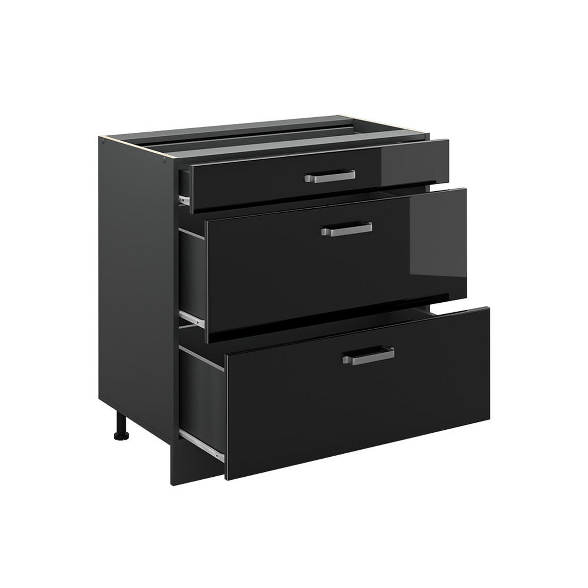 KÜCHENUNTERSCHRANK R-Line, Schwarz Hochglanz/Anthrazit, 80 cm mit 3 Schubladen Arbeitsplatte Anthrazit - Schwarz Hochglanz/Anthrazit, Holzwerkstoff (80/81.6/60cm) - Vicco