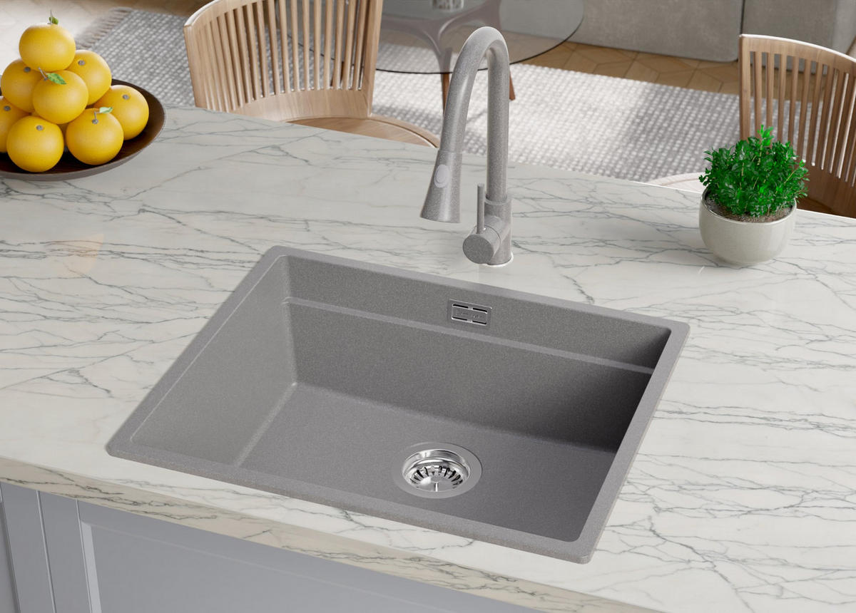 GRANITSPÜLE Praga Slim, 2-er set Grau 56/47 cm 1 Becken + Küchenarmatur 38/14 cm + Ablauf-Set + Aufrollbare Abtropffläche ab 60er Unterschrank - Chromfarben/Grau, Kunststoff (56/20/47cm) - Primagran