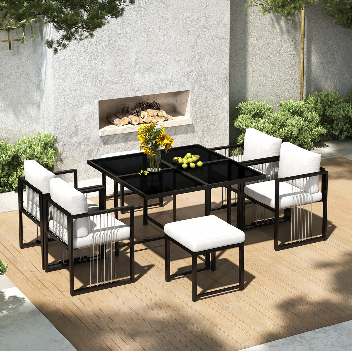 GARTEN-ESSGRUPPE 7-tlg. für 6 Personen 117x117 cm Schwarz/Weiß - Beige, Metall - Beauniv